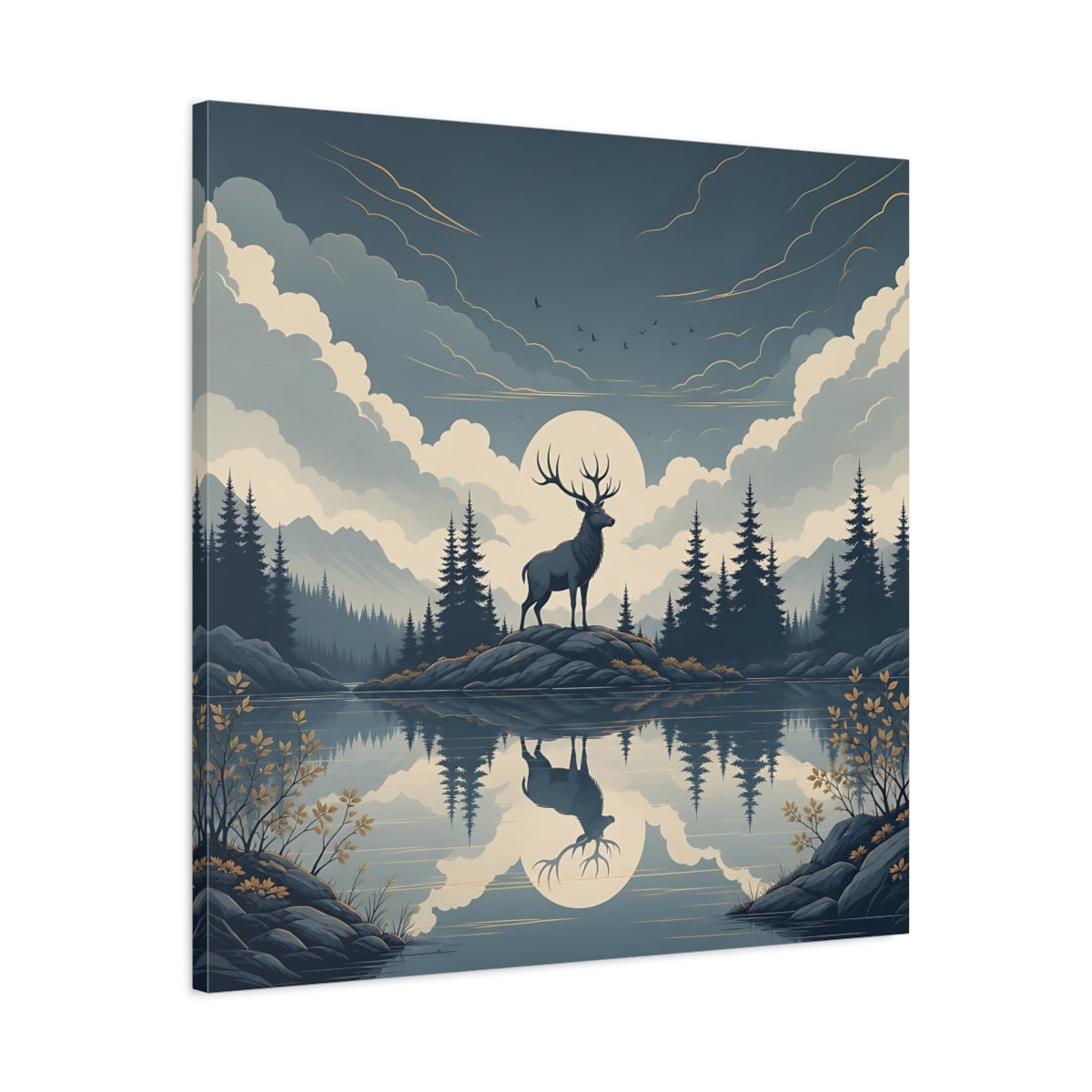 Side Mockup 3. Nature Elk Blue And Gold shown as stretched canvas wall art