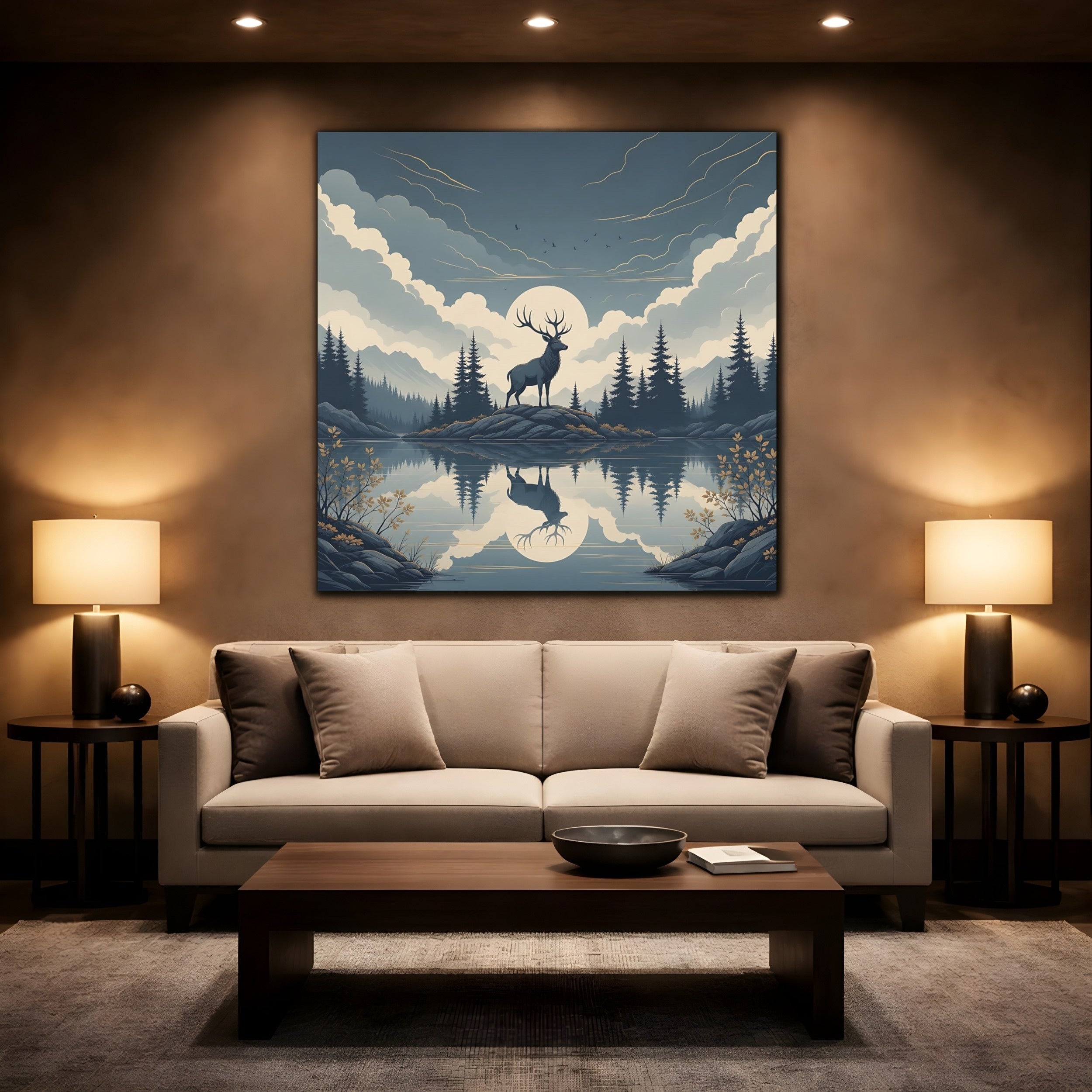 Mockup 2. Nature Elk Blue And Gold shown as stretched canvas wall art