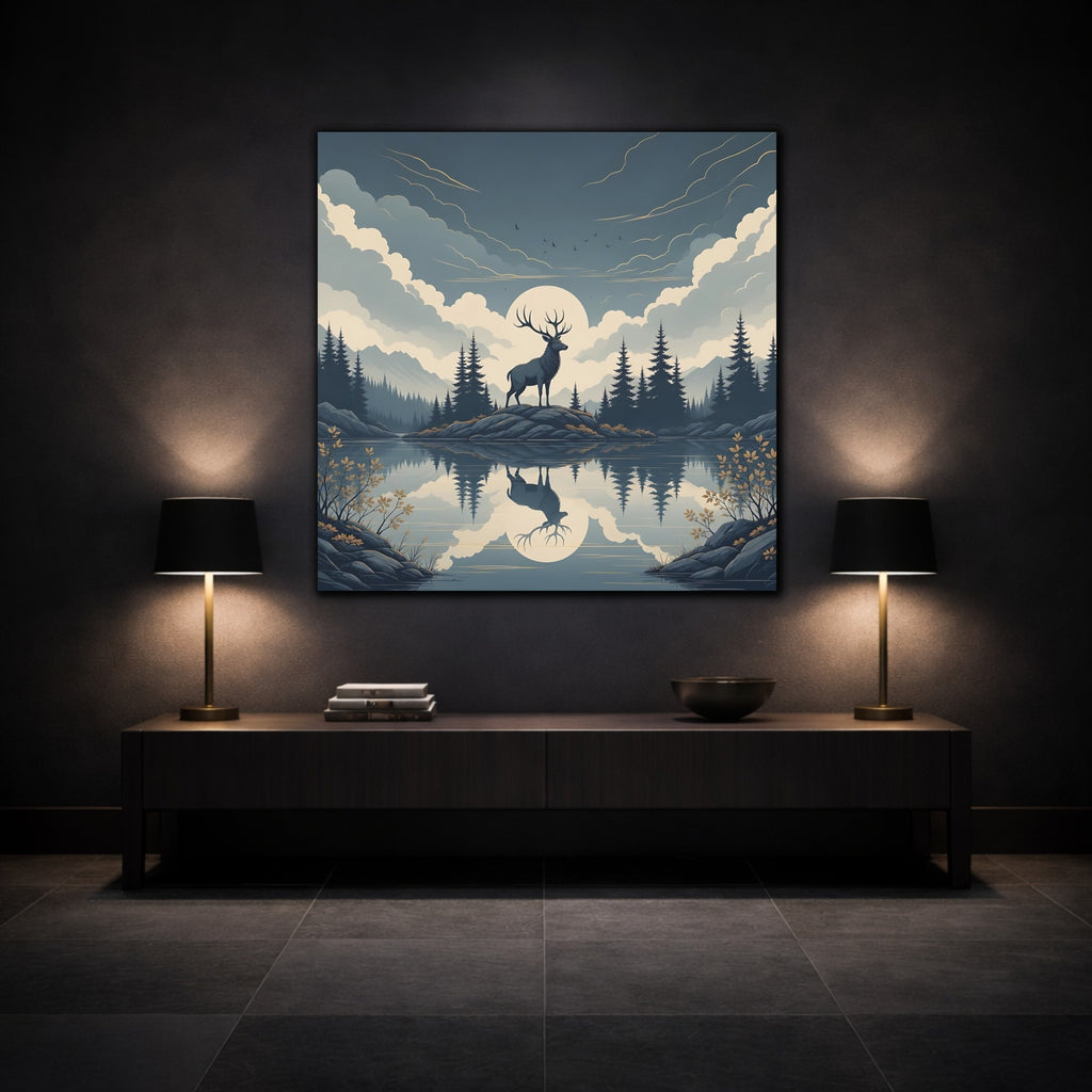 Mockup 3. Nature Elk Blue And Gold shown as stretched canvas wall art