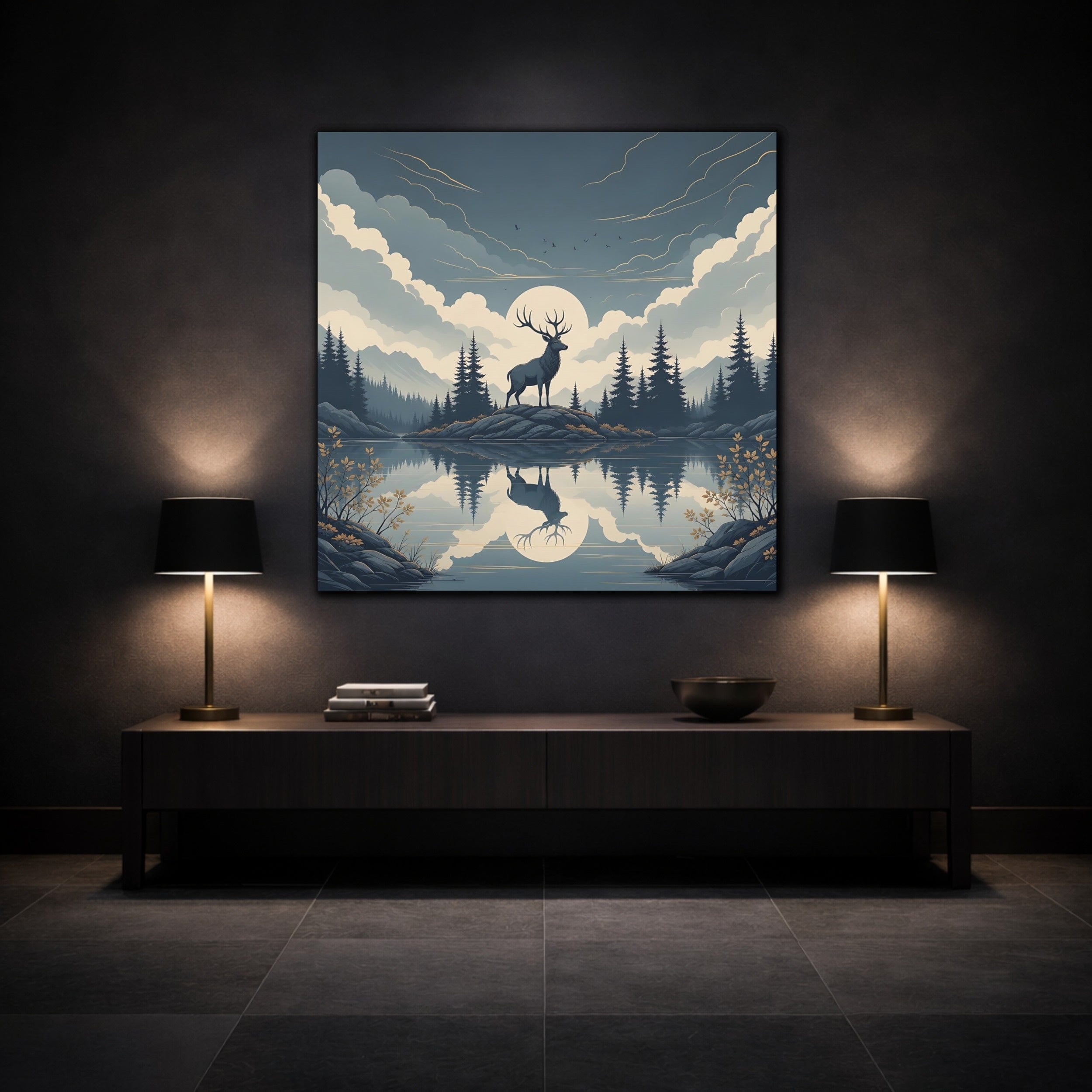 Mockup 3. Nature Elk Blue And Gold shown as stretched canvas wall art