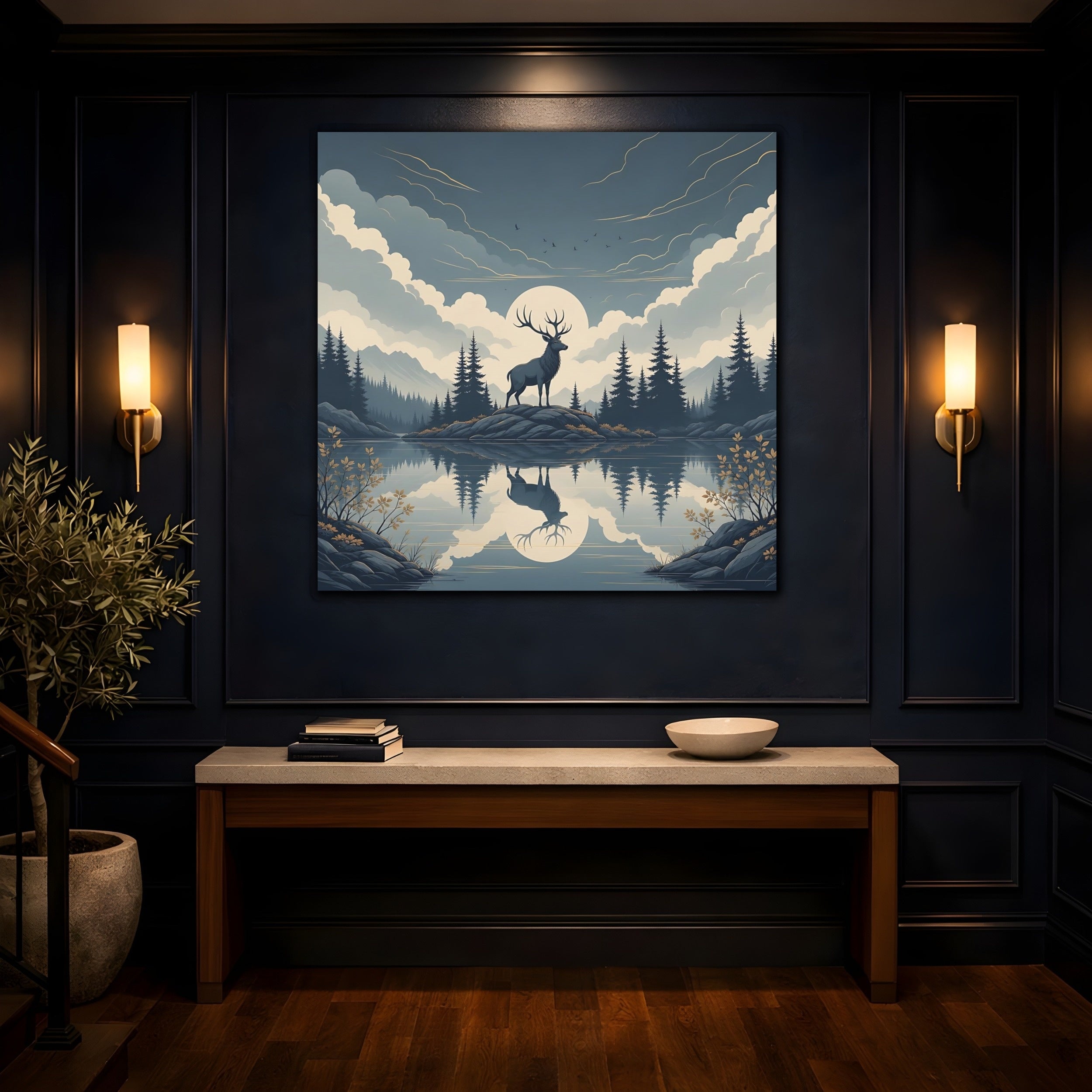 Mockup 4. Nature Elk Blue And Gold shown as stretched canvas wall art
