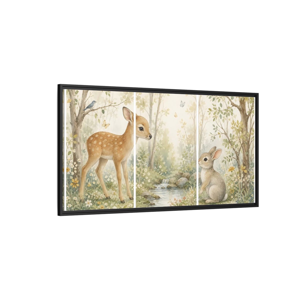 Side Mockup 5. Nature Fawn, Rabbit Watercolor Woodland shown as stretched canvas wall art