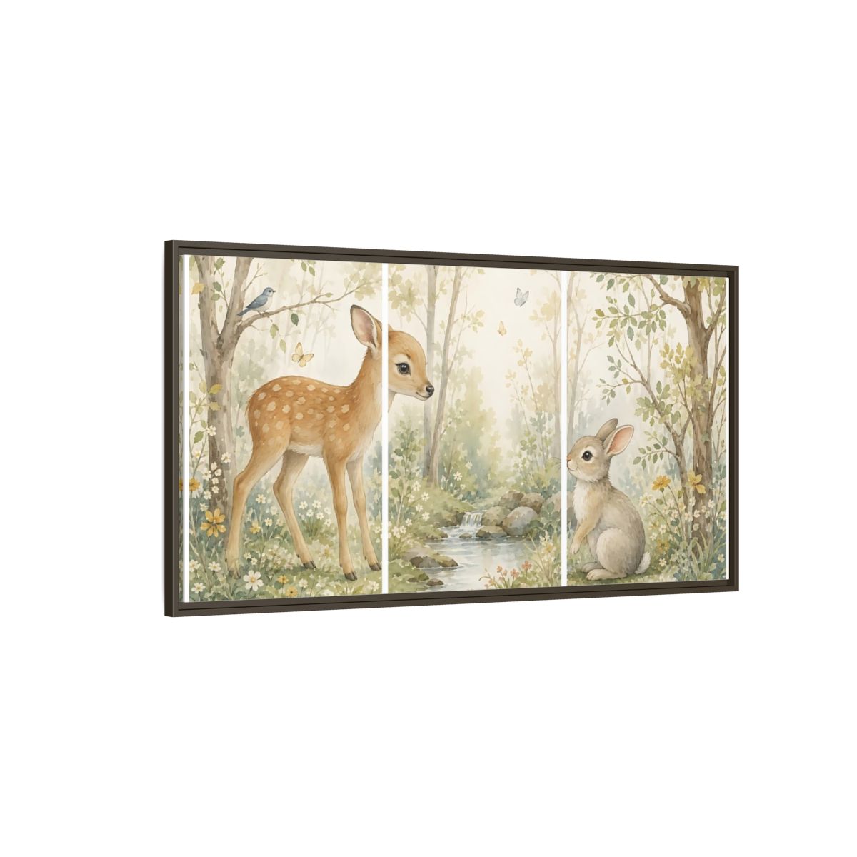 Side Mockup 4. Nature Fawn, Rabbit Watercolor Woodland shown as stretched canvas wall art