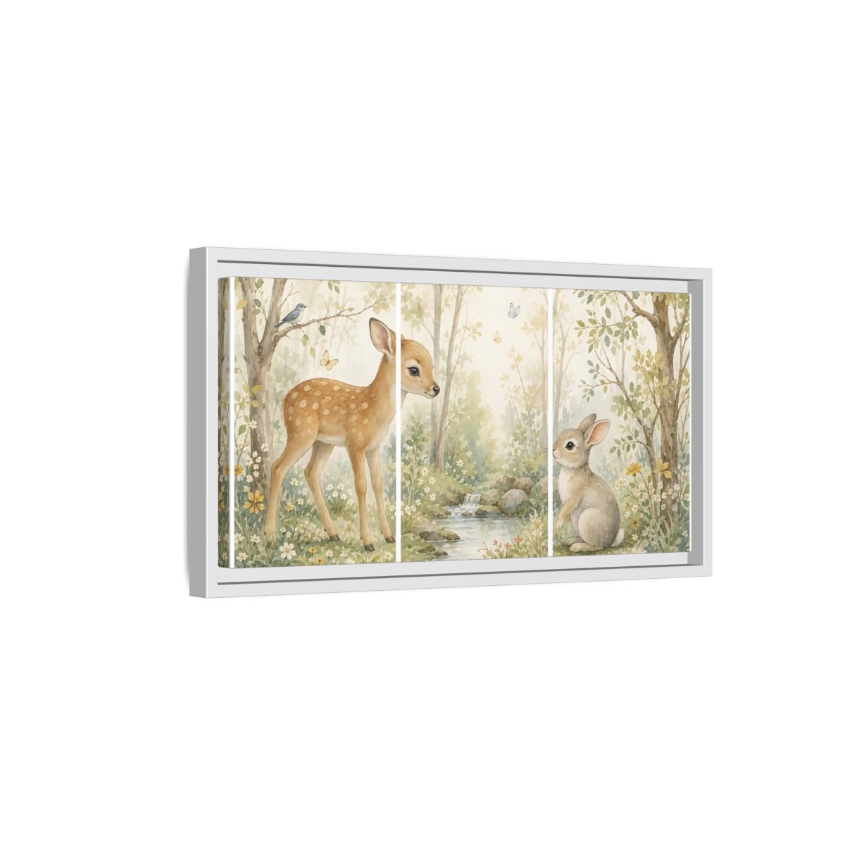 Side Mockup 6. Nature Fawn, Rabbit Watercolor Woodland shown as stretched canvas wall art