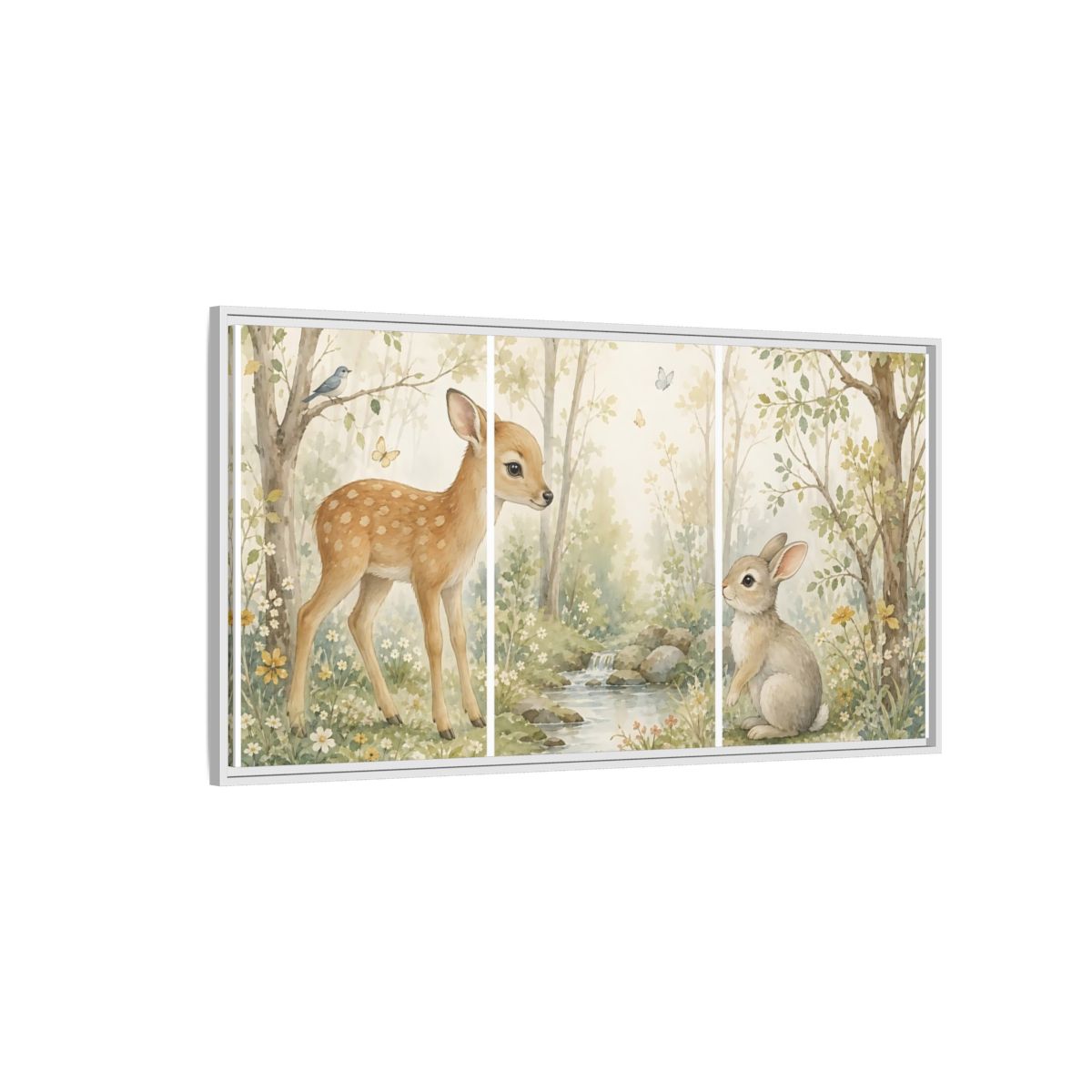 Side Mockup 3. Nature Fawn, Rabbit Watercolor Woodland shown as stretched canvas wall art