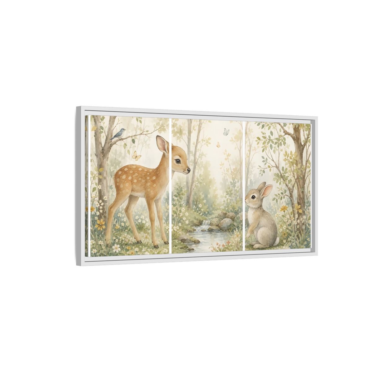 Side Mockup 1. Nature Fawn, Rabbit Watercolor Woodland shown as stretched canvas wall art