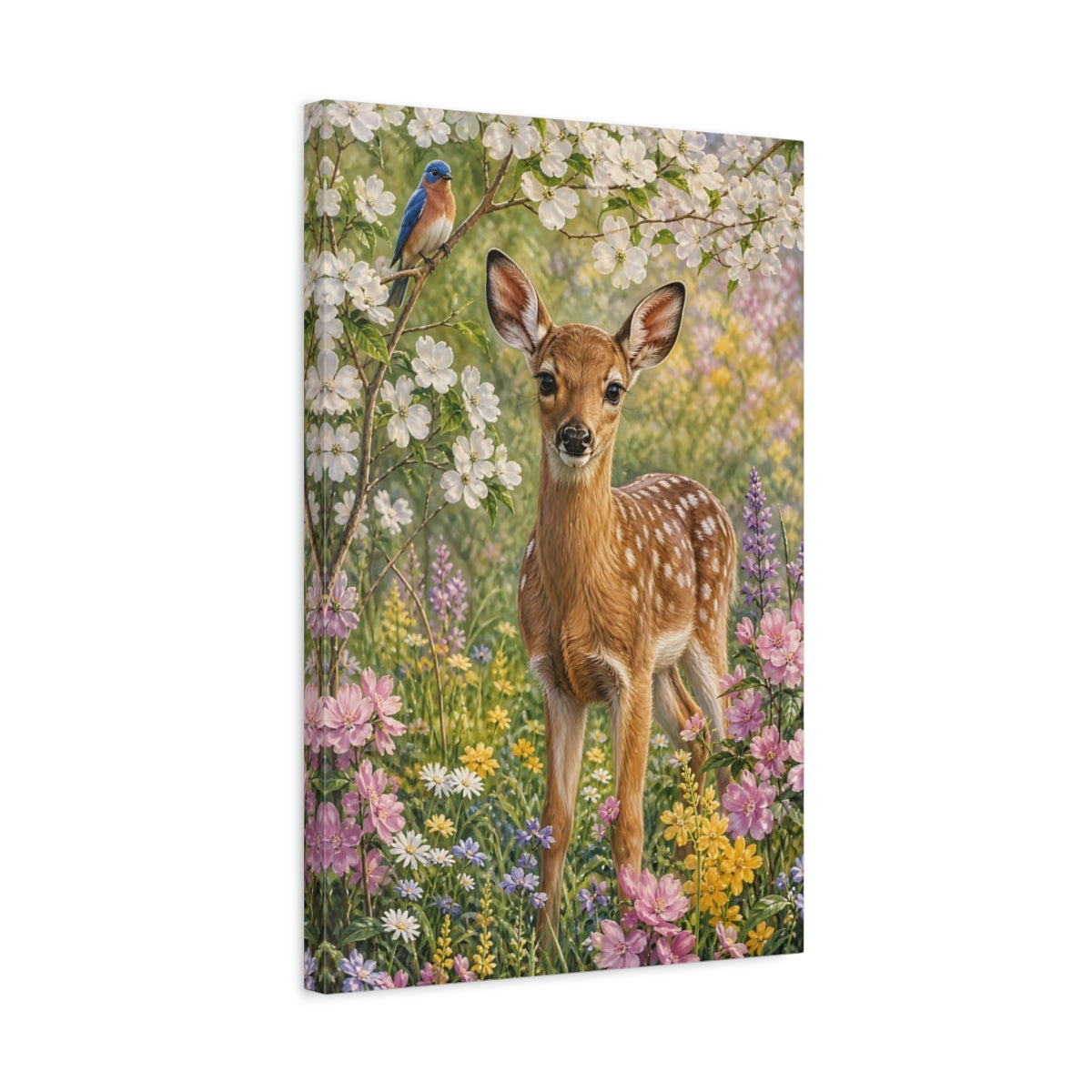 Side Mockup 3. Nature Fawn Spring Fawn shown as stretched canvas wall art
