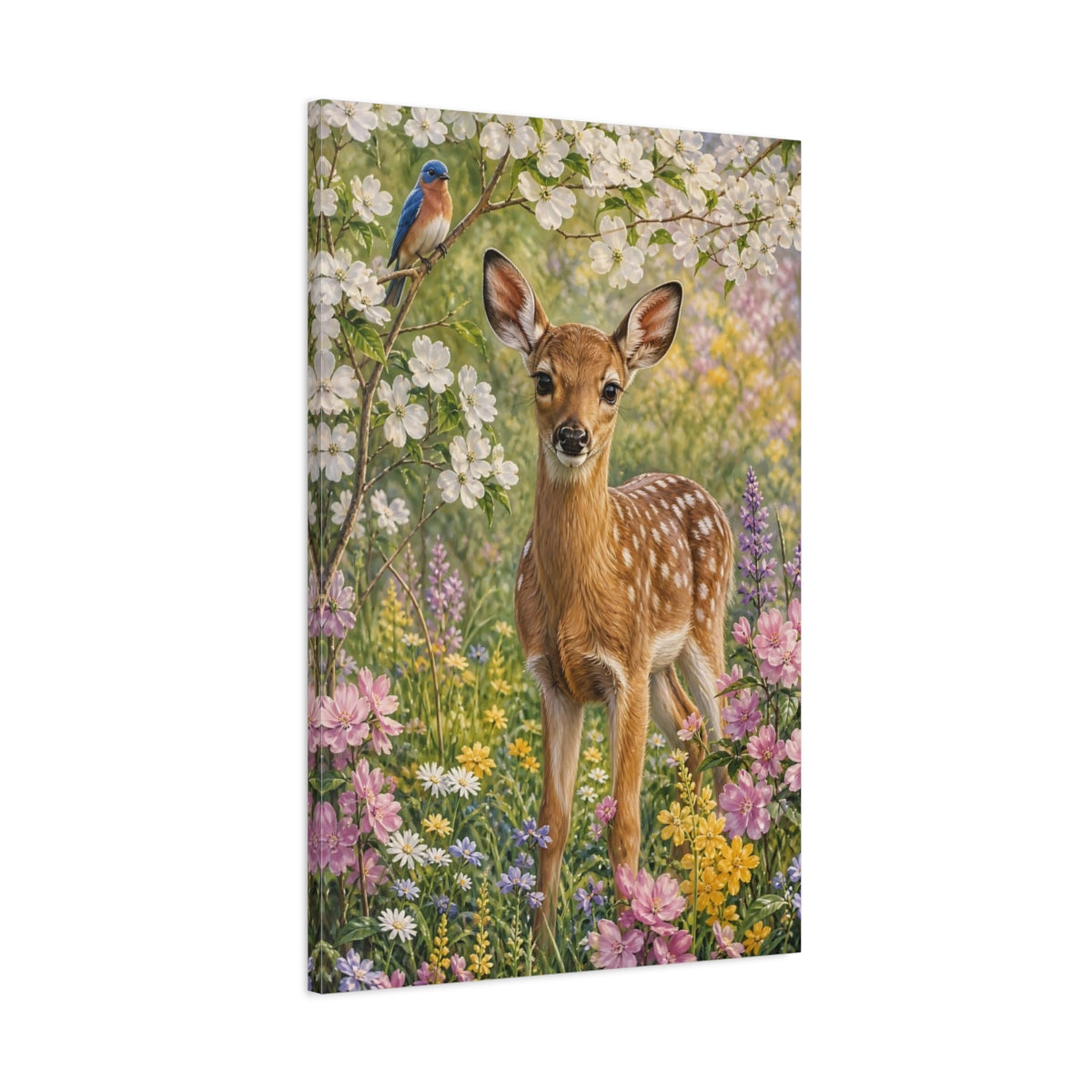 Main Mockup. Nature Fawn Spring Fawn shown as stretched canvas wall art