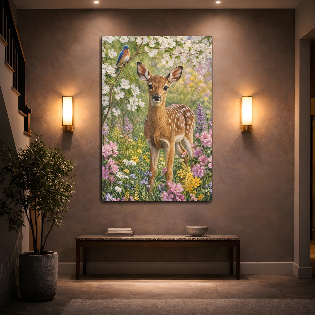 Mockup 2. Nature Fawn Spring Fawn shown as stretched canvas wall art
