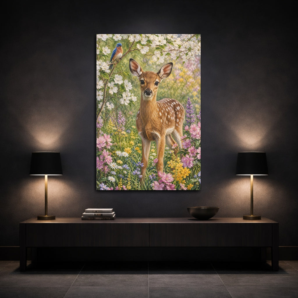 Mockup 3. Nature Fawn Spring Fawn shown as stretched canvas wall art