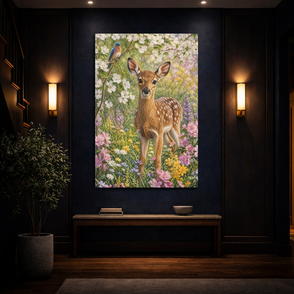 Mockup 4. Nature Fawn Spring Fawn shown as stretched canvas wall art