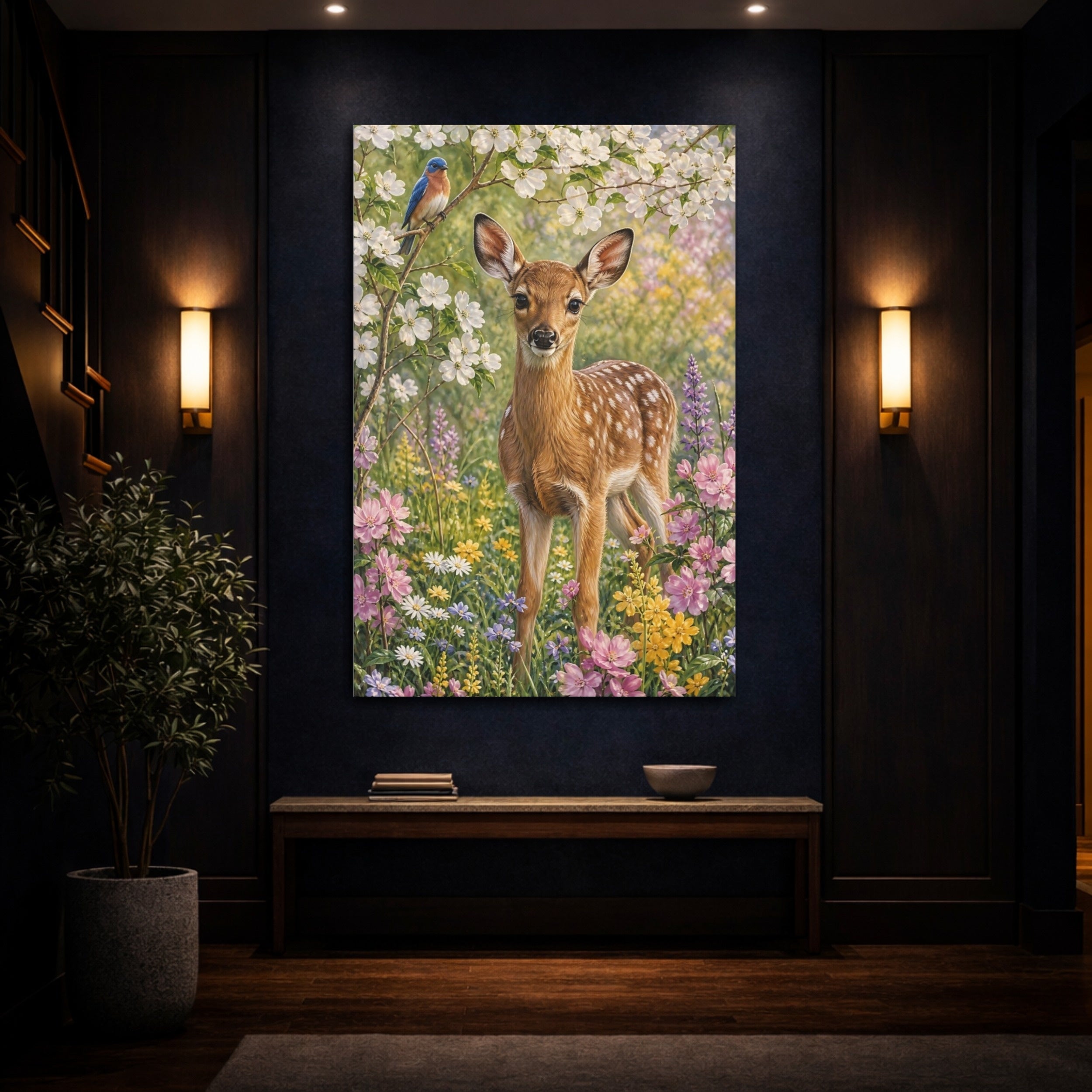 Mockup 4. Nature Fawn Spring Fawn shown as stretched canvas wall art