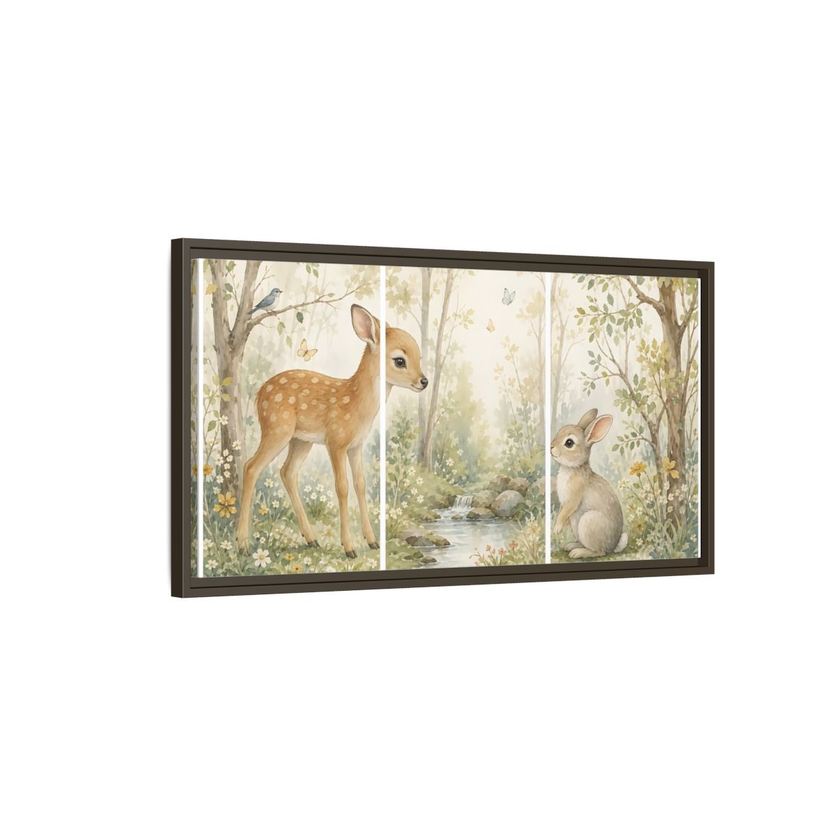 Main Mockup. Nature Fawn, Rabbit Watercolor Woodland shown as stretched canvas wall art