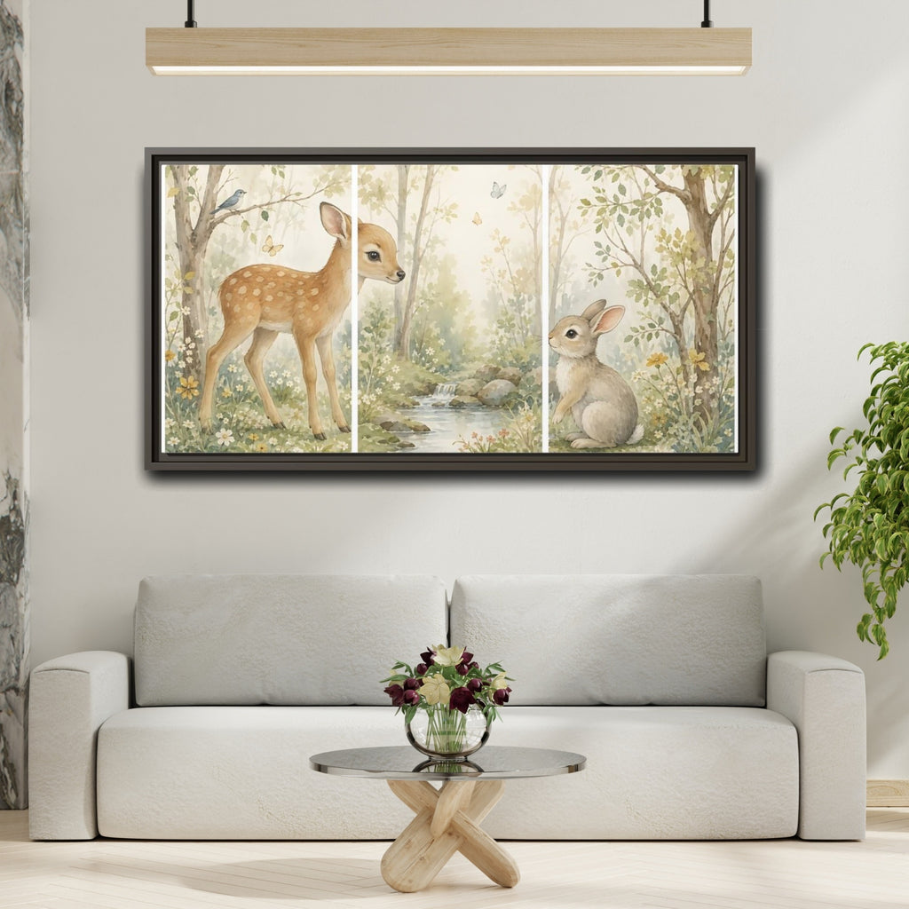 Mockup 2. Nature Fawn, Rabbit Watercolor Woodland shown as stretched canvas wall art
