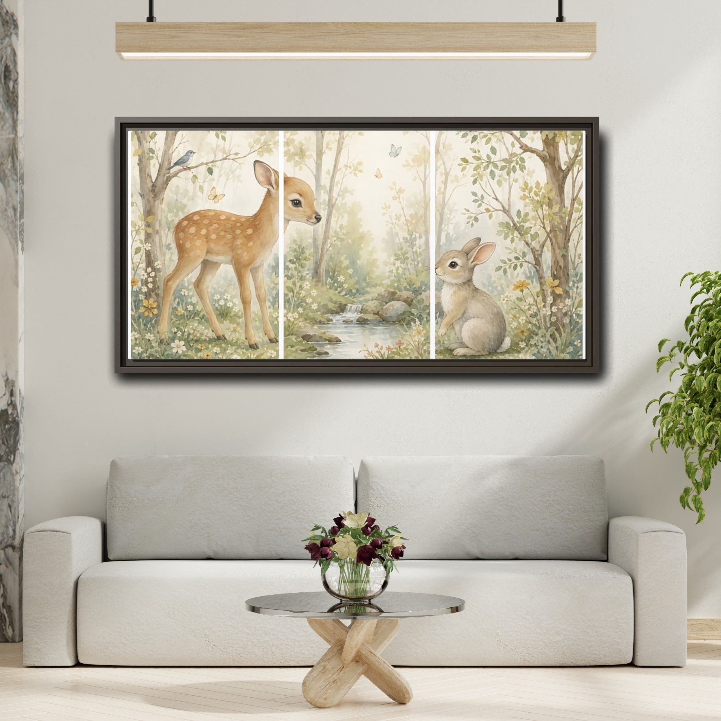 Mockup 2. Nature Fawn, Rabbit Watercolor Woodland shown as stretched canvas wall art