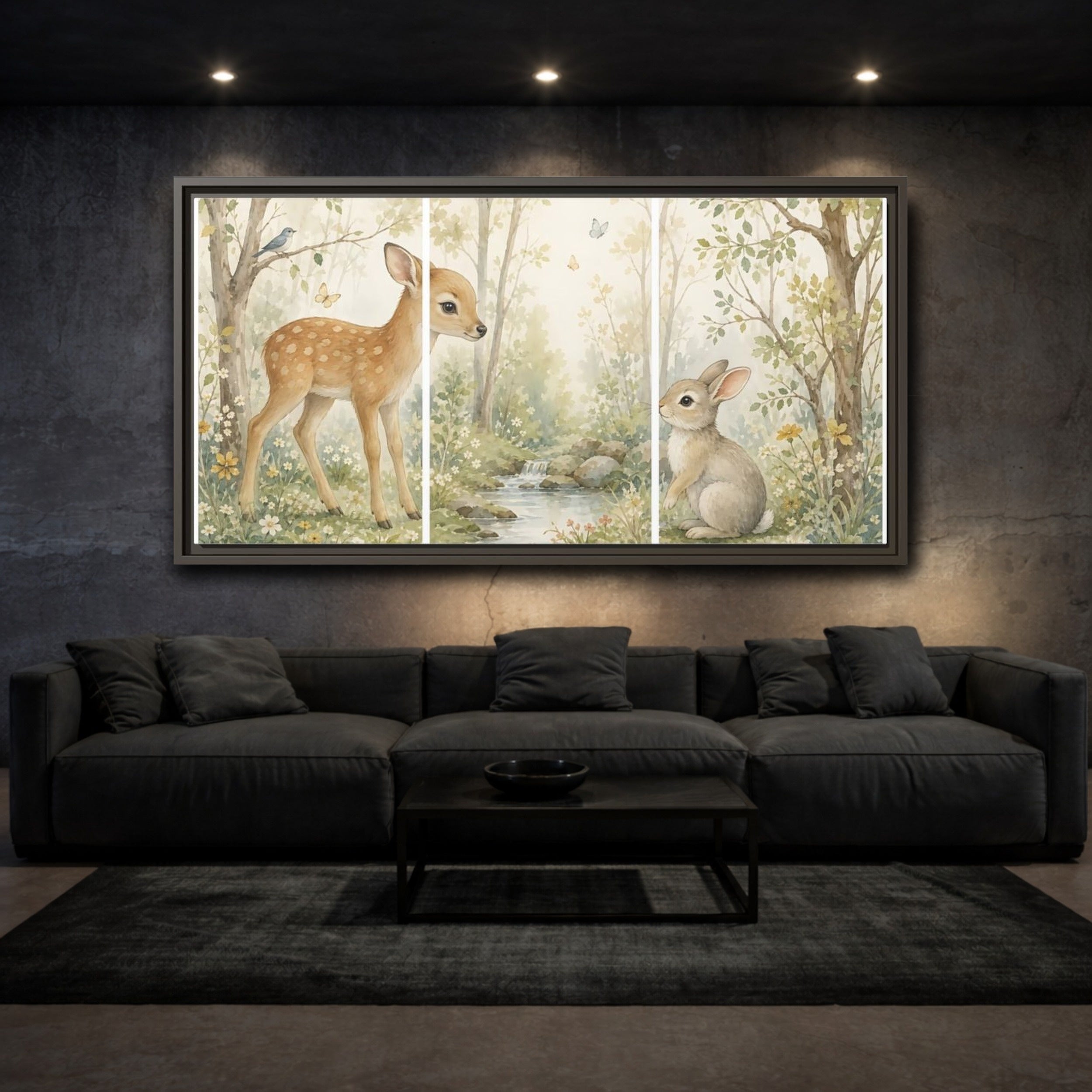 Mockup 3. Nature Fawn, Rabbit Watercolor Woodland shown as stretched canvas wall art