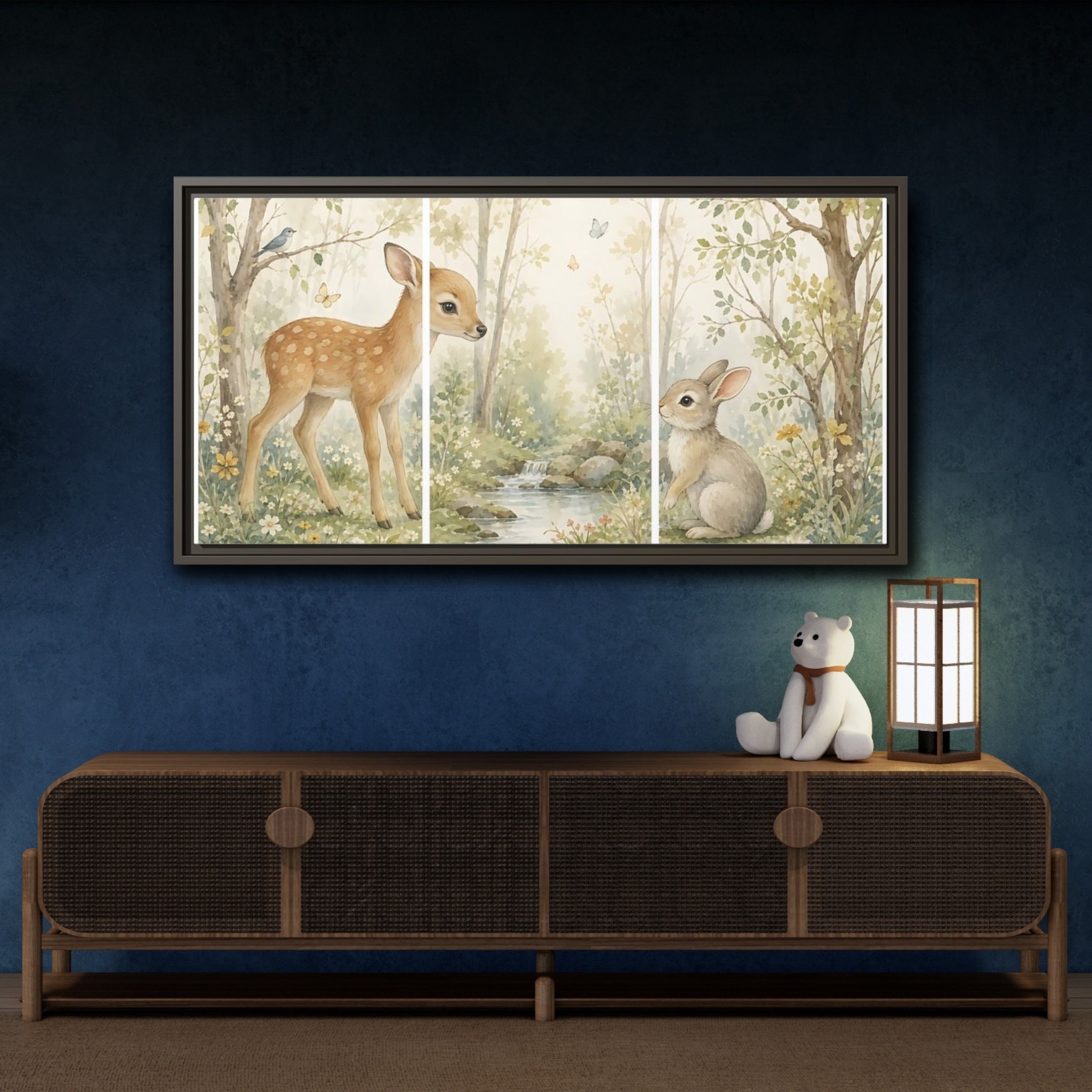 Mockup 4. Nature Fawn, Rabbit Watercolor Woodland shown as stretched canvas wall art