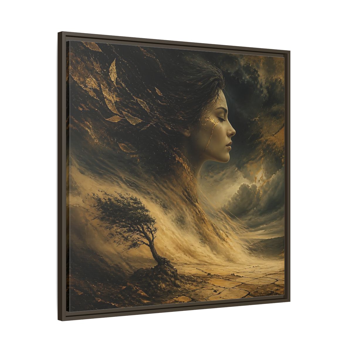 Main Mockup. Nature Female Figure Gold And Black shown as stretched canvas wall art
