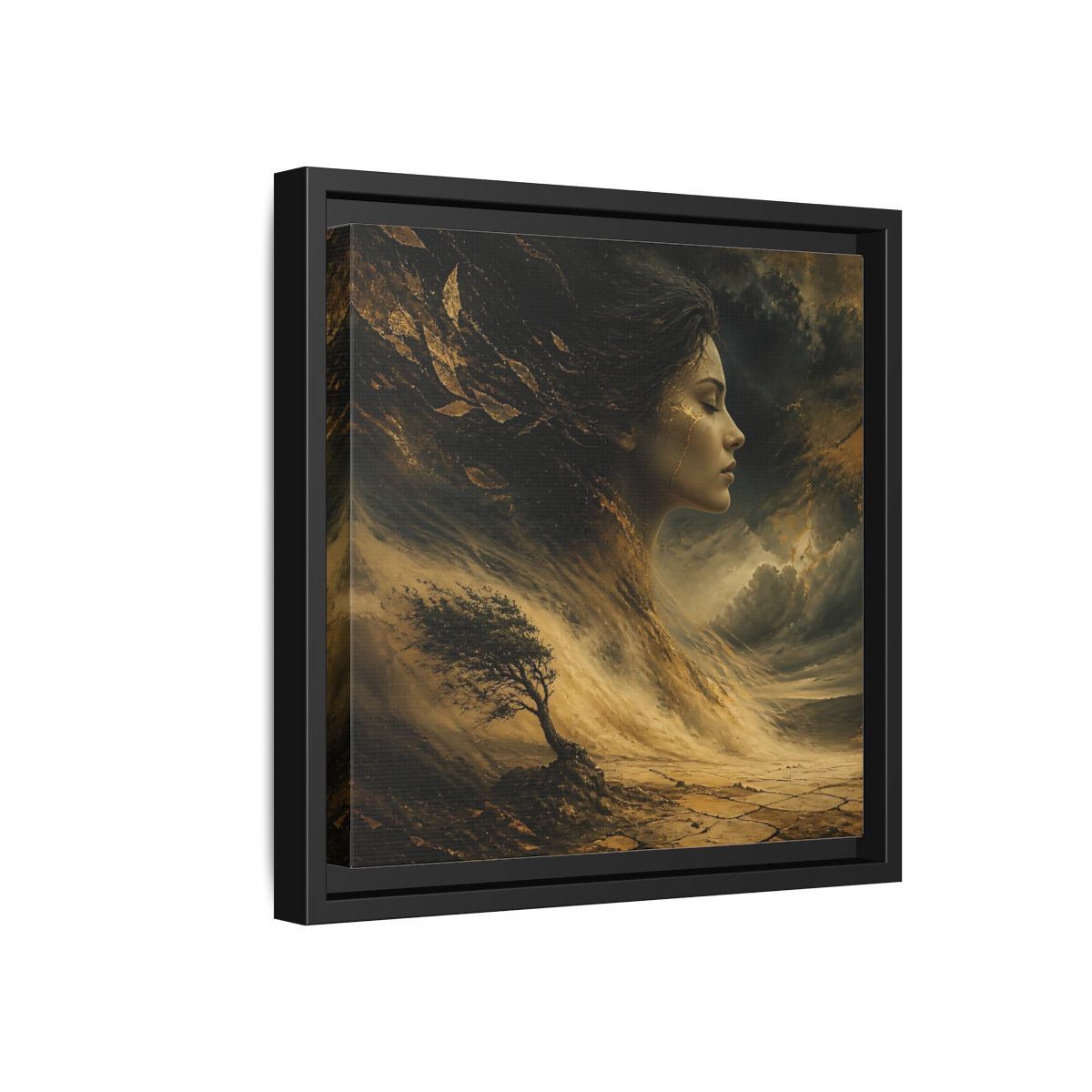 Side Mockup 18. Nature Female Figure Gold And Black shown as stretched canvas wall art