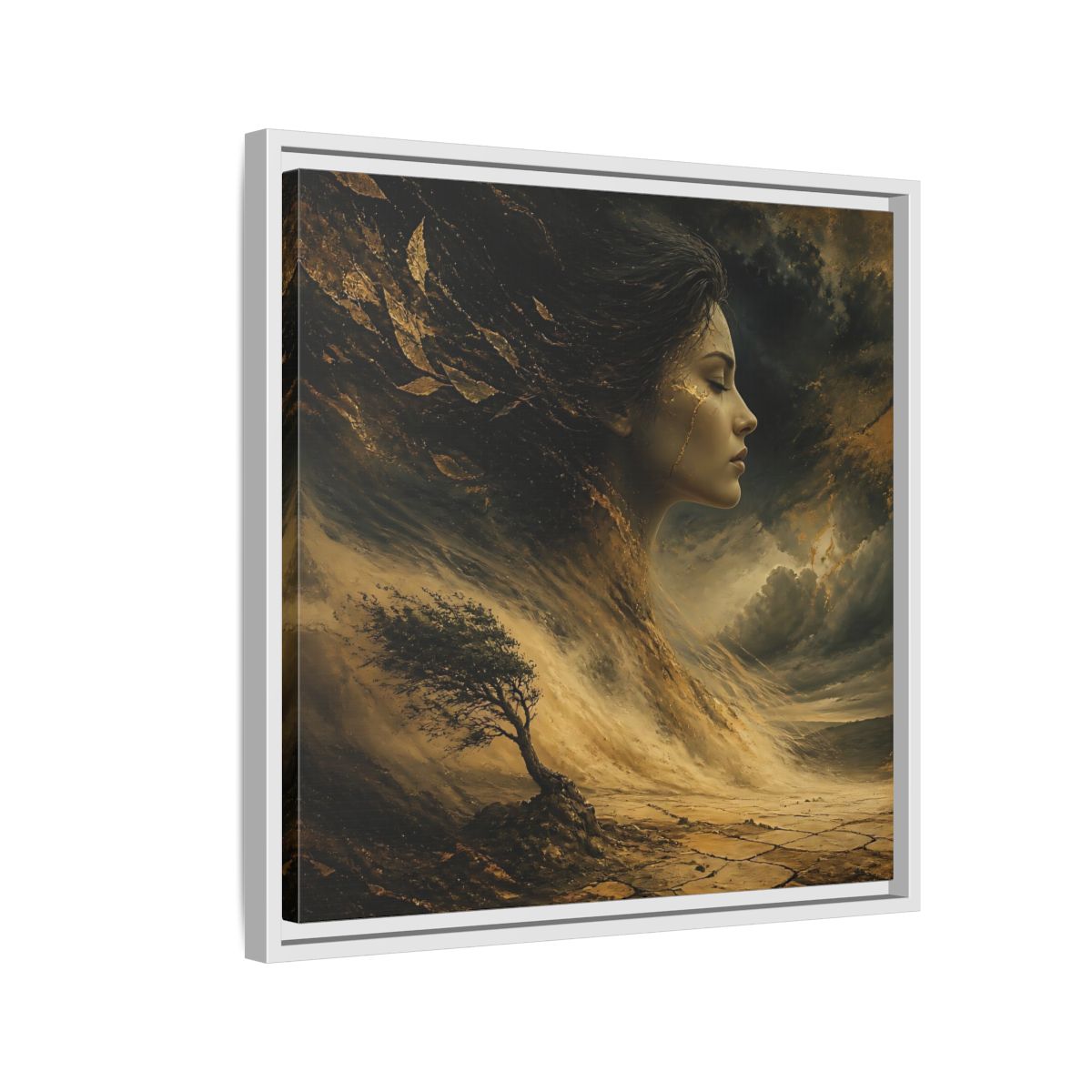 Side Mockup 10. Nature Female Figure Gold And Black shown as stretched canvas wall art