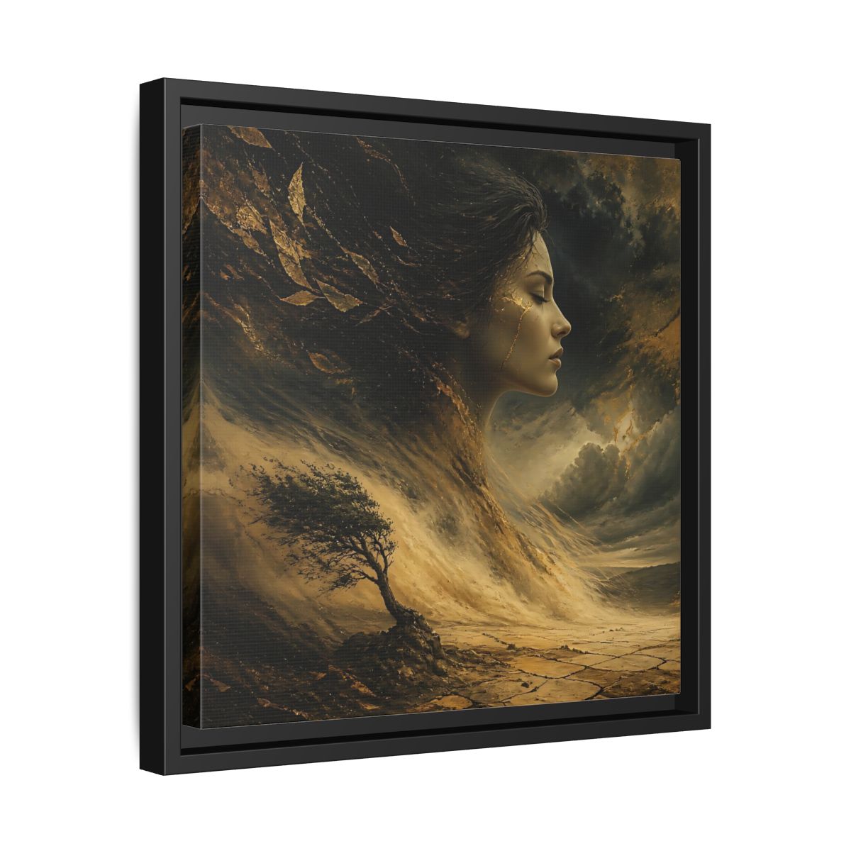 Side Mockup 32. Nature Female Figure Gold And Black shown as stretched canvas wall art