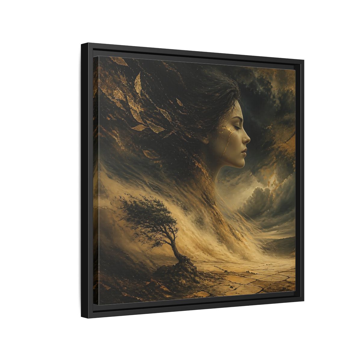 Side Mockup 12. Nature Female Figure Gold And Black shown as stretched canvas wall art