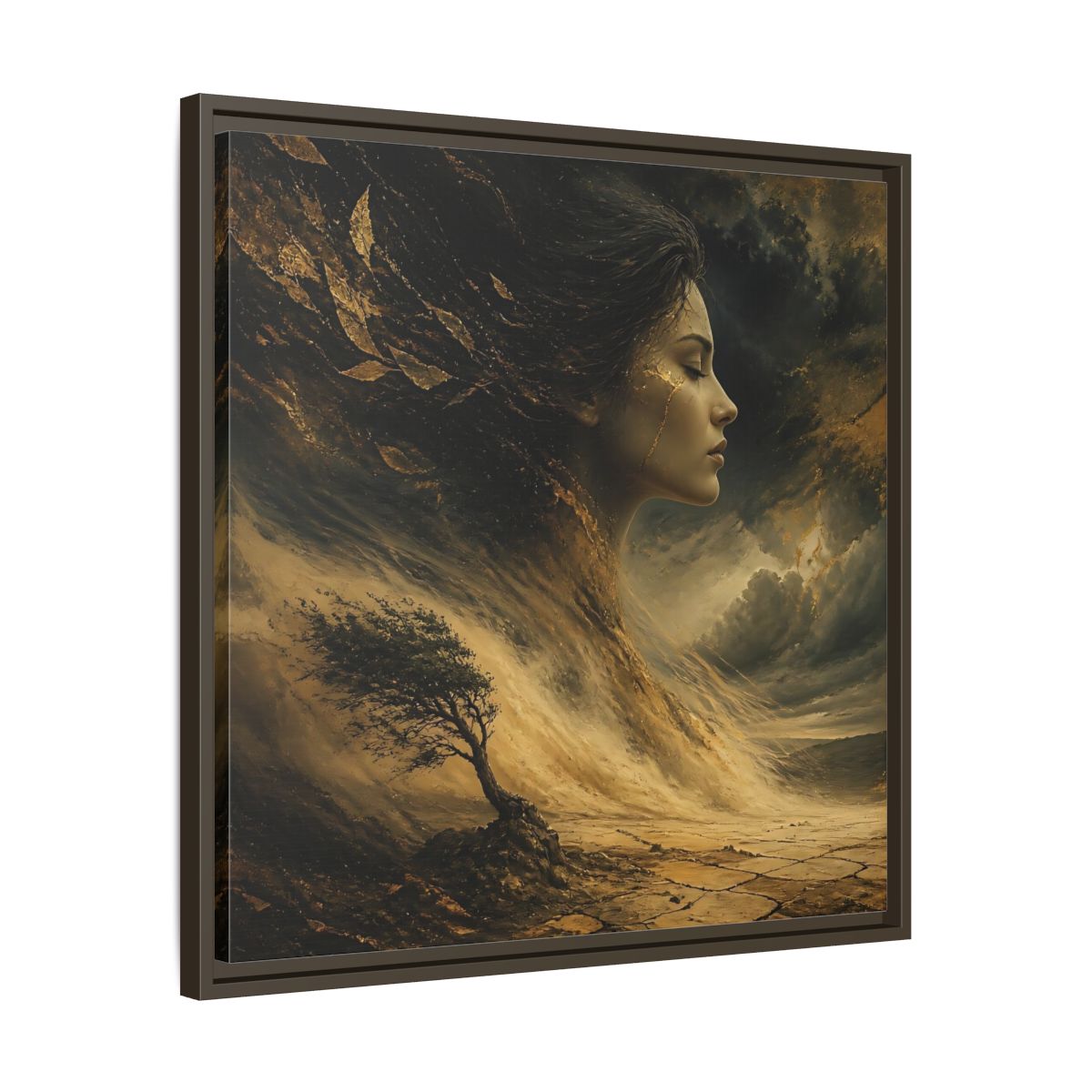 Side Mockup 27. Nature Female Figure Gold And Black shown as stretched canvas wall art