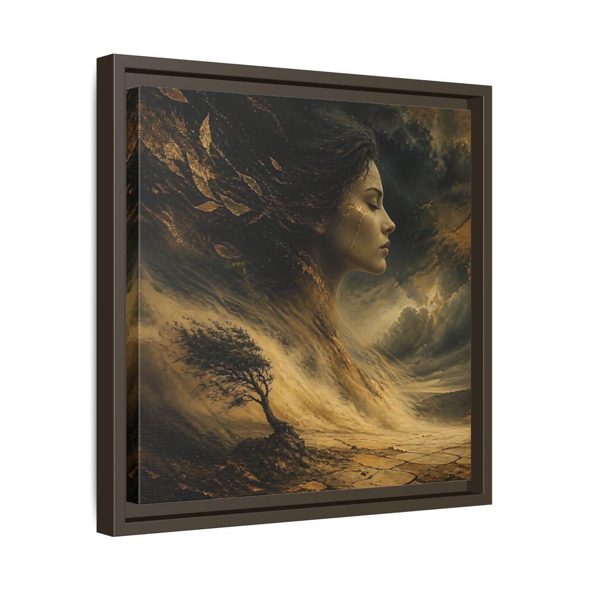 Side Mockup 29. Nature Female Figure Gold And Black shown as stretched canvas wall art