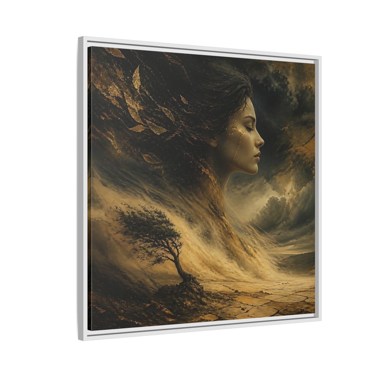 Side Mockup 7. Nature Female Figure Gold And Black shown as stretched canvas wall art