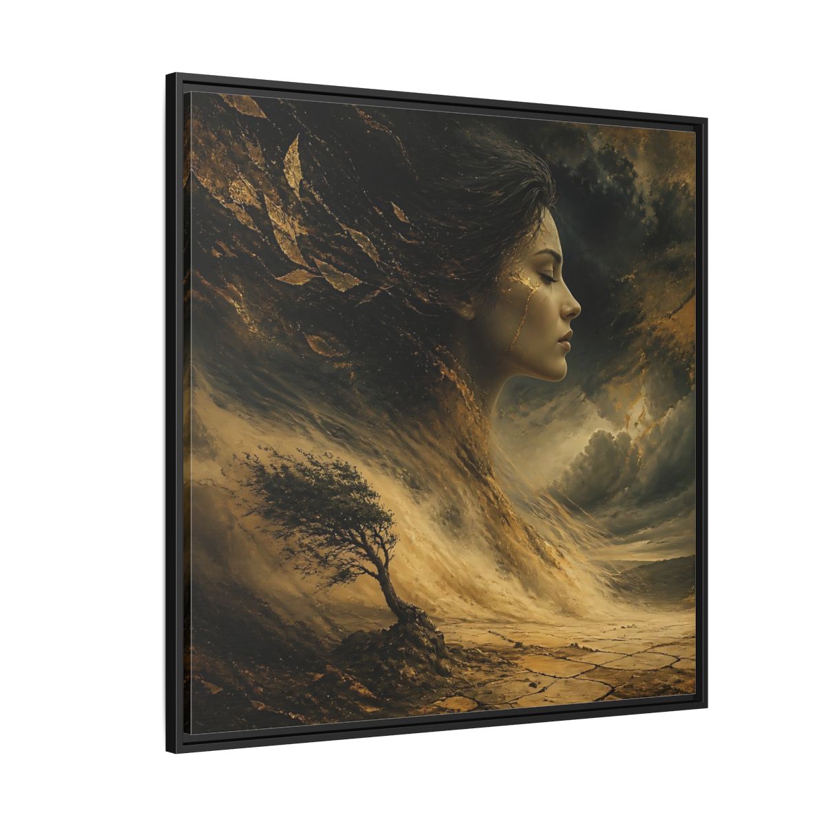 Side Mockup 6. Nature Female Figure Gold And Black shown as stretched canvas wall art