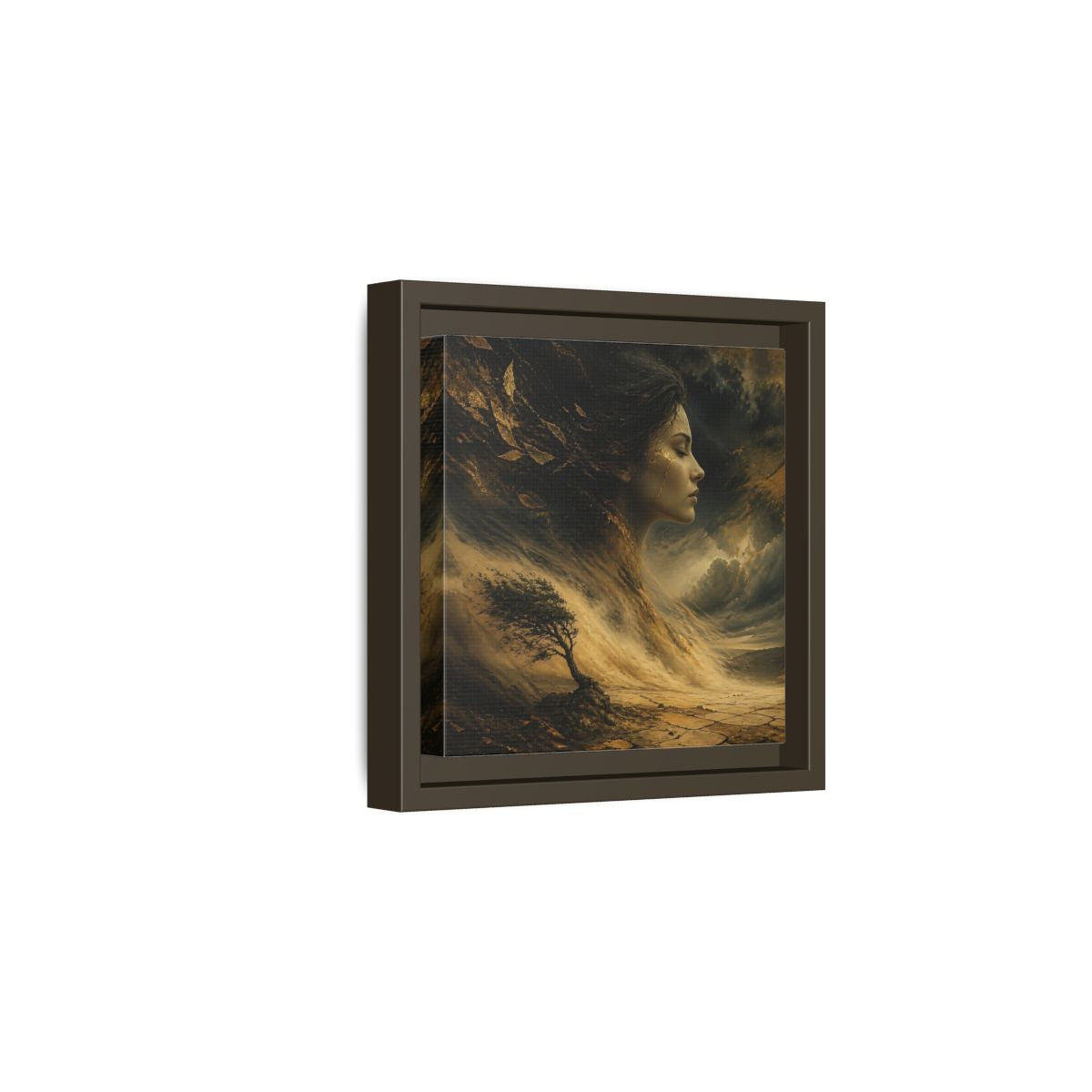 Side Mockup 2. Nature Female Figure Gold And Black shown as stretched canvas wall art