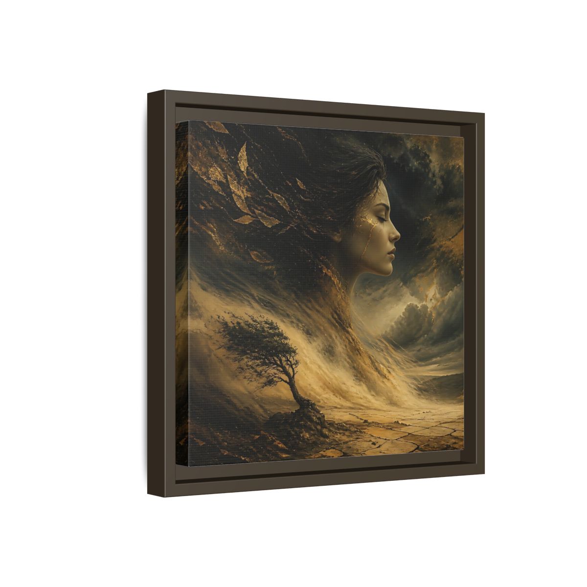 Side Mockup 17. Nature Female Figure Gold And Black shown as stretched canvas wall art