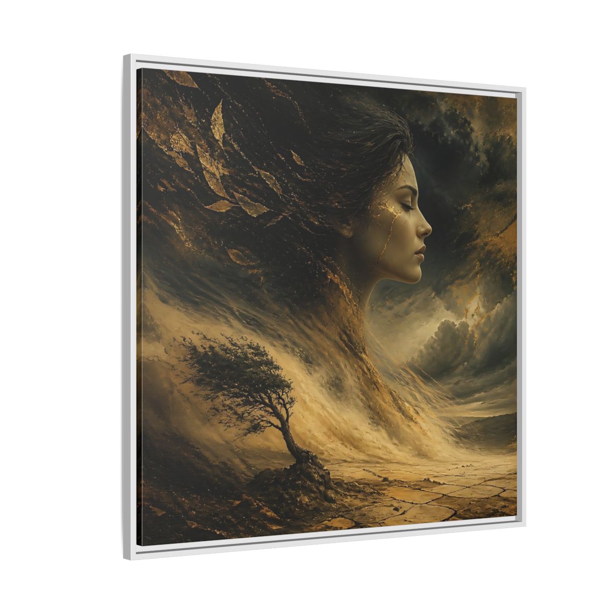 Side Mockup 4. Nature Female Figure Gold And Black shown as stretched canvas wall art
