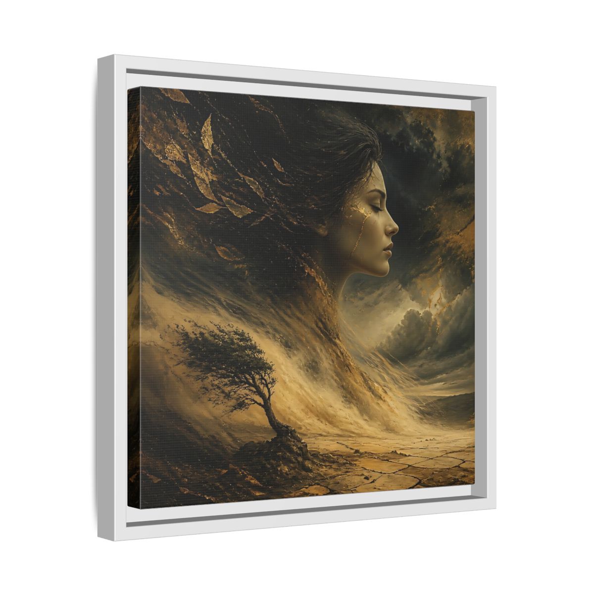 Side Mockup 28. Nature Female Figure Gold And Black shown as stretched canvas wall art