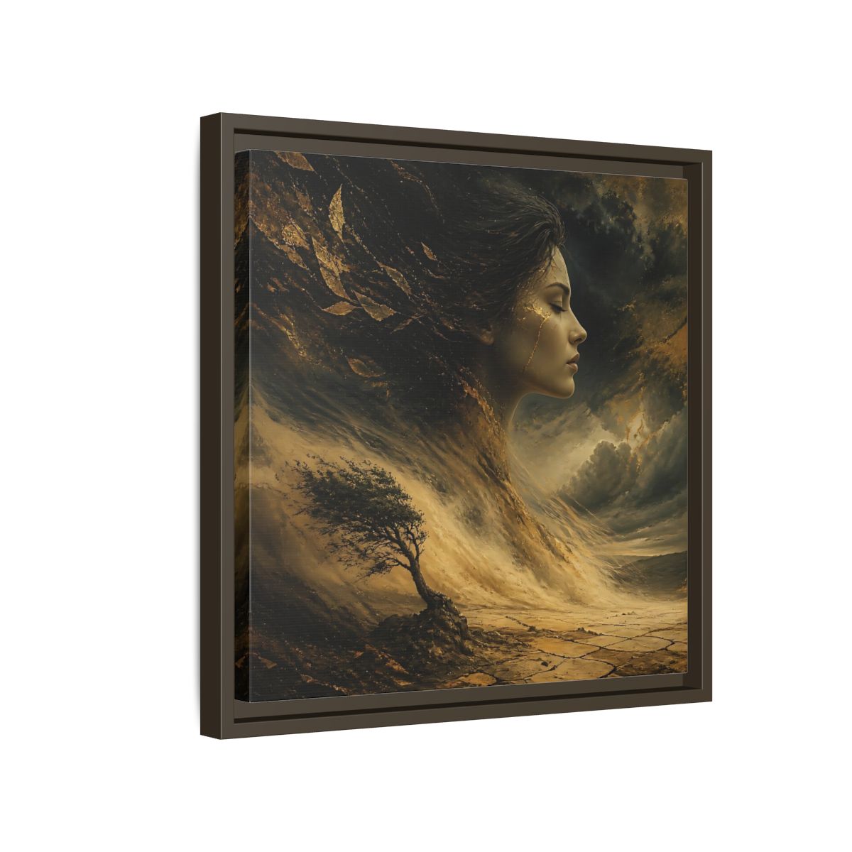Side Mockup 14. Nature Female Figure Gold And Black shown as stretched canvas wall art