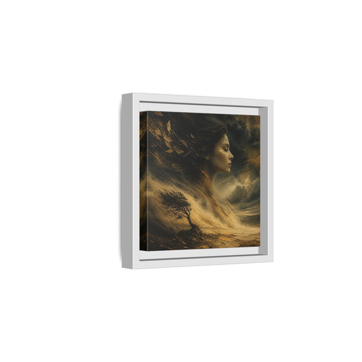 Side Mockup 1. Nature Female Figure Gold And Black shown as stretched canvas wall art