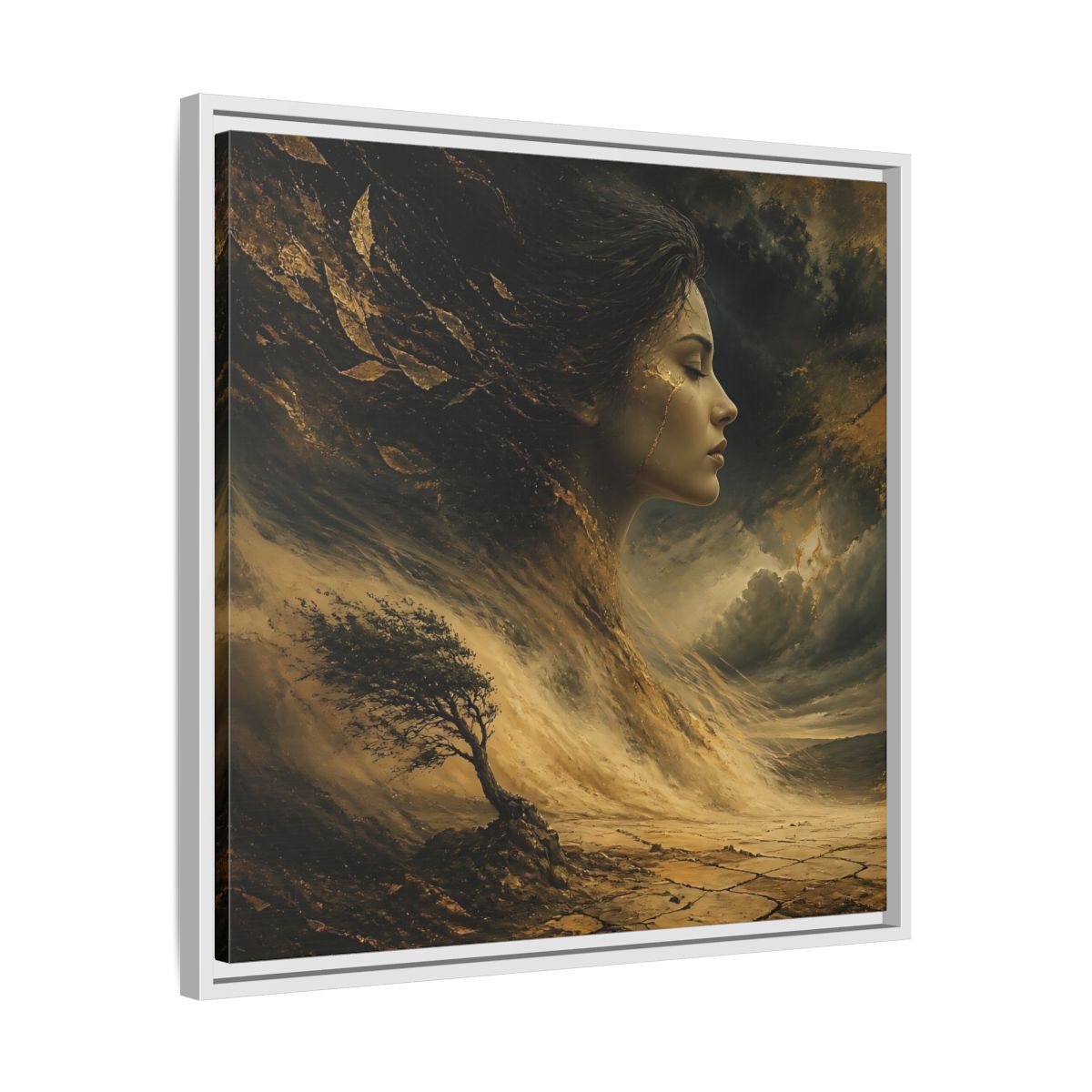 Side Mockup 26. Nature Female Figure Gold And Black shown as stretched canvas wall art