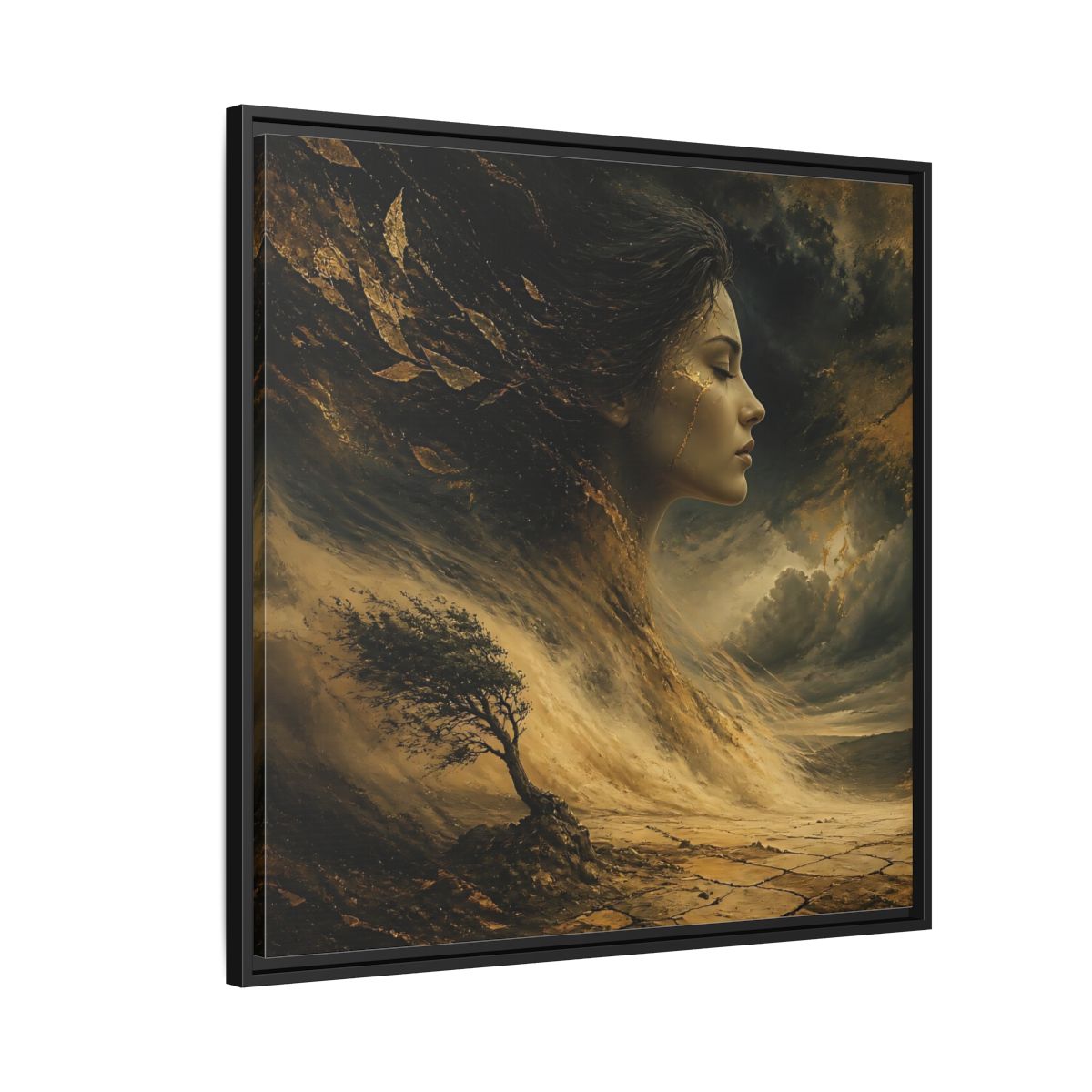 Side Mockup 9. Nature Female Figure Gold And Black shown as stretched canvas wall art