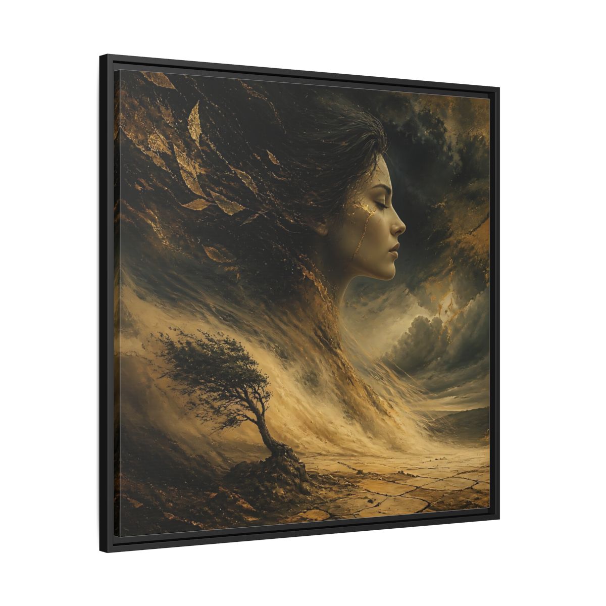 Side Mockup 30. Nature Female Figure Gold And Black shown as stretched canvas wall art
