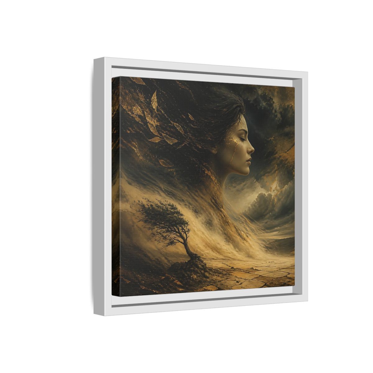 Side Mockup 16. Nature Female Figure Gold And Black shown as stretched canvas wall art