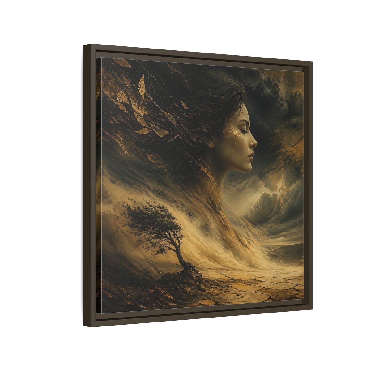 Side Mockup 11. Nature Female Figure Gold And Black shown as stretched canvas wall art