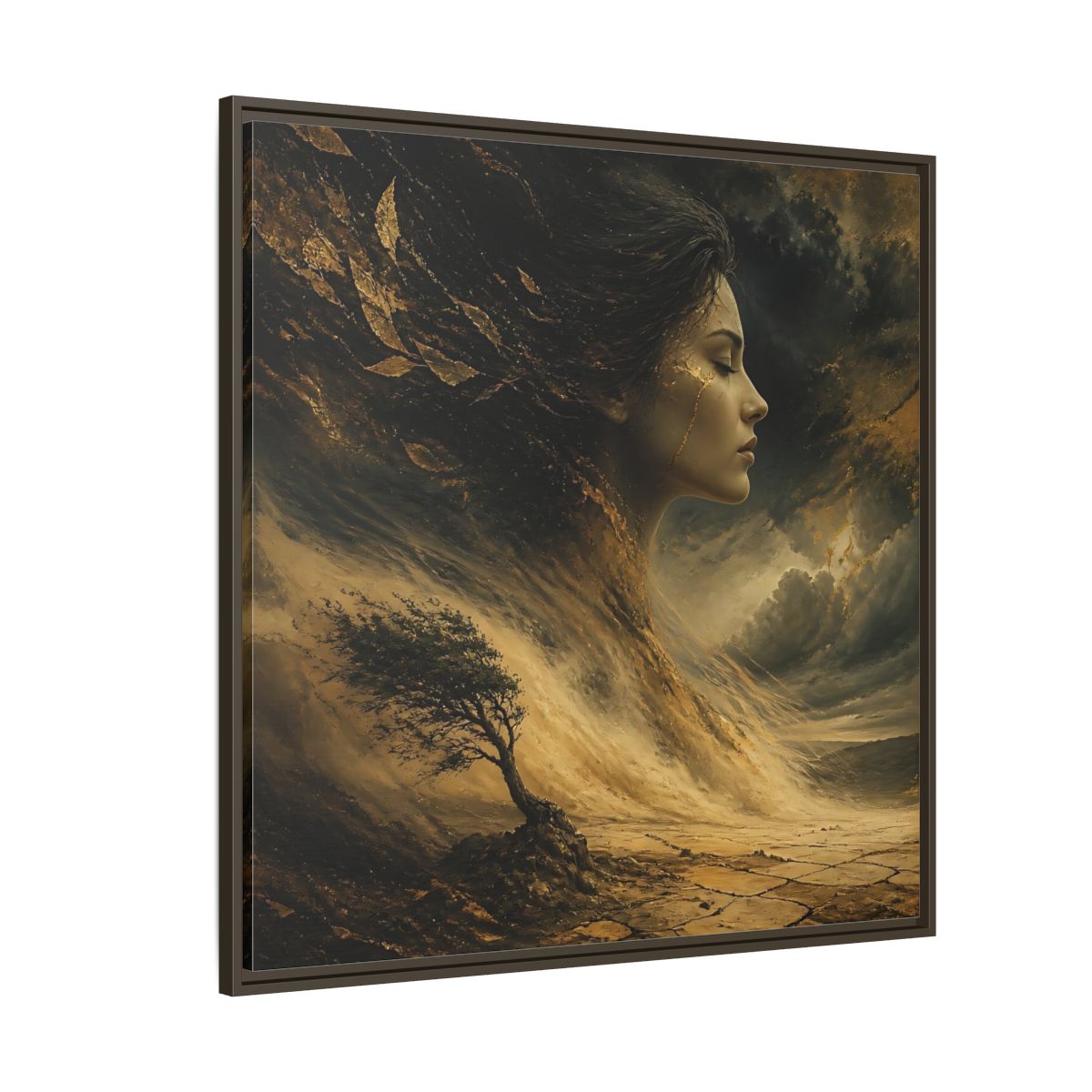 Side Mockup 5. Nature Female Figure Gold And Black shown as stretched canvas wall art