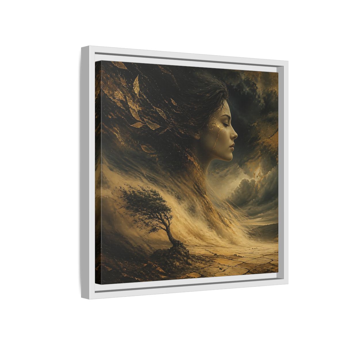 Side Mockup 13. Nature Female Figure Gold And Black shown as stretched canvas wall art
