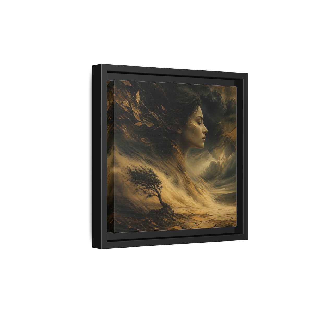 Side Mockup 21. Nature Female Figure Gold And Black shown as stretched canvas wall art