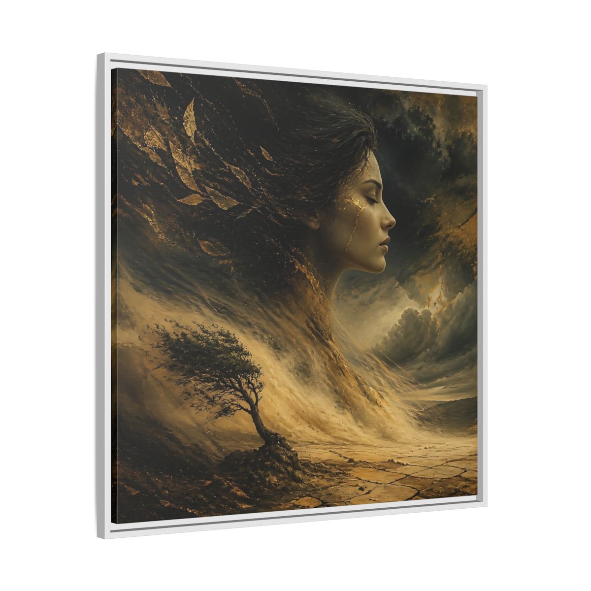 Side Mockup 25. Nature Female Figure Gold And Black shown as stretched canvas wall art