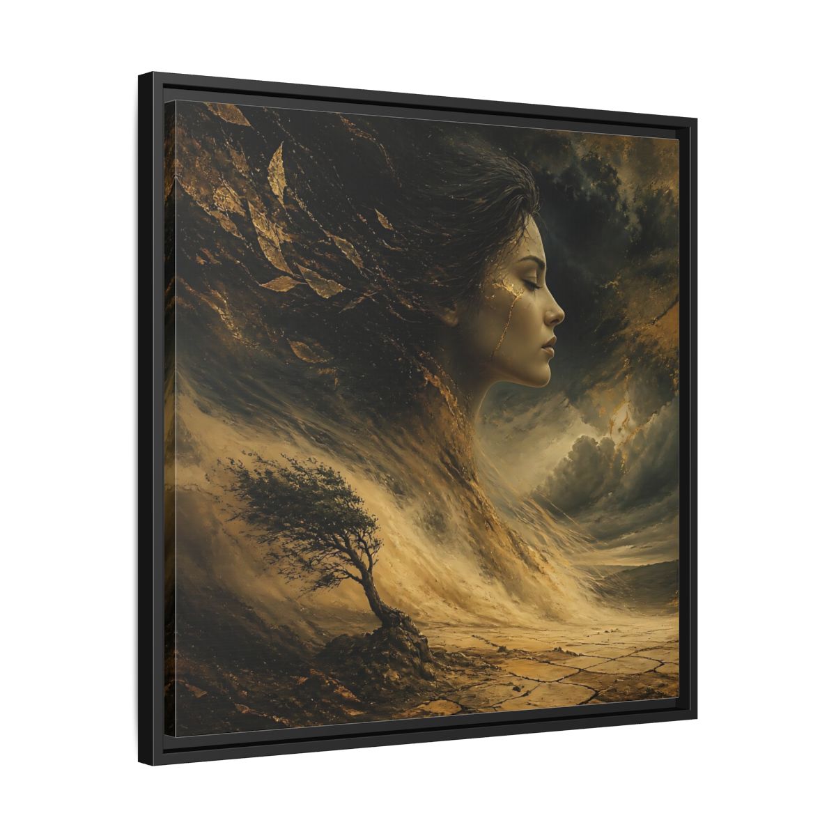 Side Mockup 31. Nature Female Figure Gold And Black shown as stretched canvas wall art