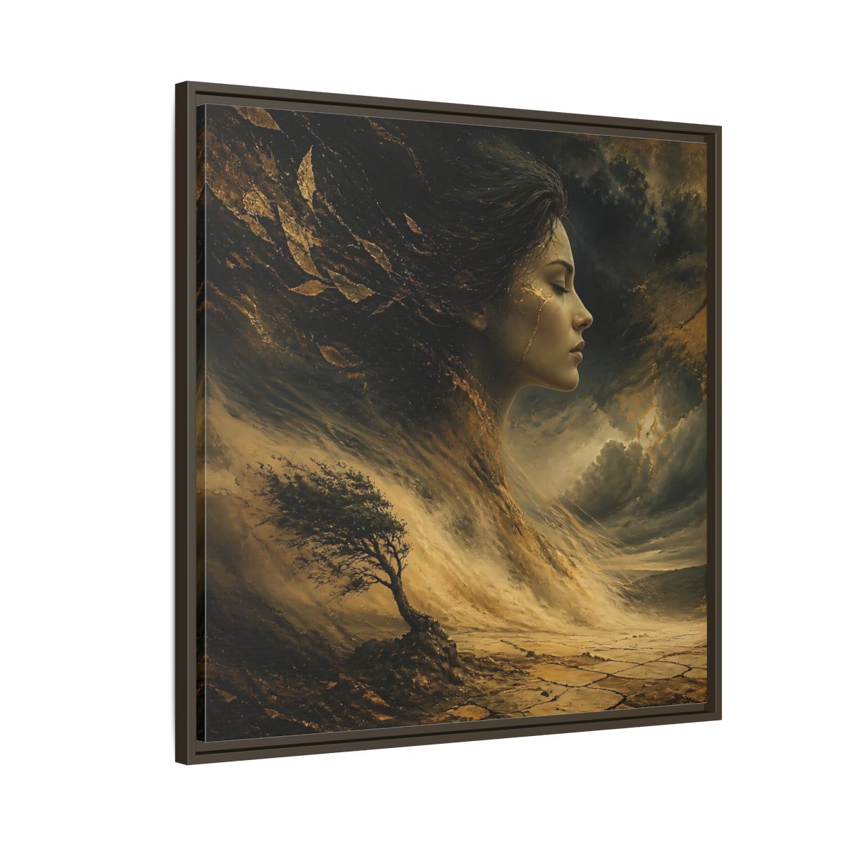 Side Mockup 8. Nature Female Figure Gold And Black shown as stretched canvas wall art