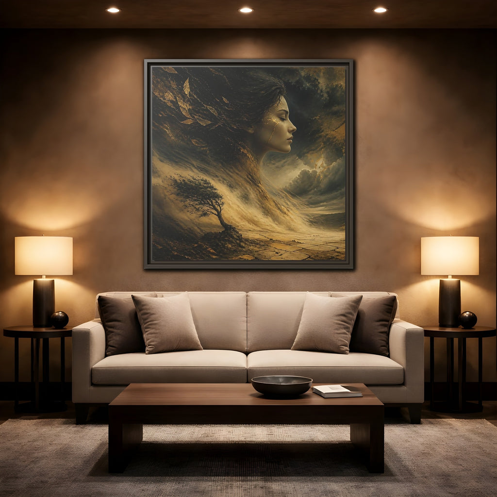 Mockup 2. Nature Female Figure Gold And Black shown as stretched canvas wall art
