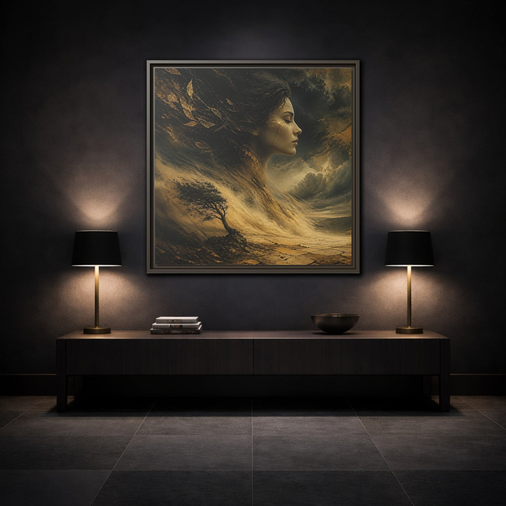 Mockup 3. Nature Female Figure Gold And Black shown as stretched canvas wall art