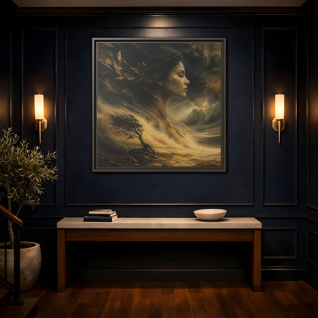 Mockup 4. Nature Female Figure Gold And Black shown as stretched canvas wall art